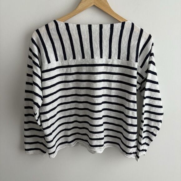 Eileen Fisher Large Petite Sweater Organic Linen Cotton Nautical Stripe Buttons - Picture 4 of 8